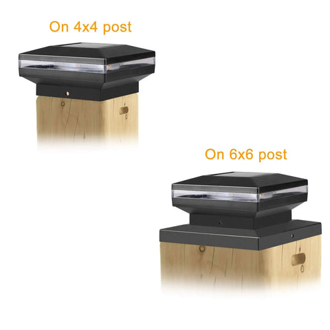 Outdoor No Fuss Post Cap Lights For 4x4 And 6x6 Wooden Posts Waterproof on wooden posts showing fitment on two sizes