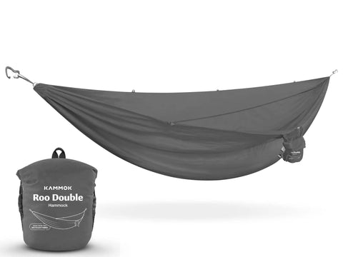 Roo Double Hammock With GravitasX Water Resistant Breathable Ripstop Fabric, lightweight packable design, shown with carrying bag