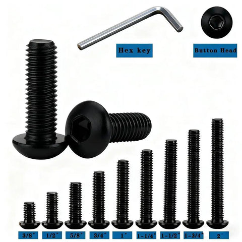 Display of 20 Pack 5/16-18x3/4 Button Head Socket Cap Screws Set in 304 Stainless Steel with Black Oxide Finish, hex key included
