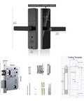 Slick Smart Fingerprint Door Lock With Comfort Grip Handle keyless entry electronic deadbolt, dimensions and installation template included.