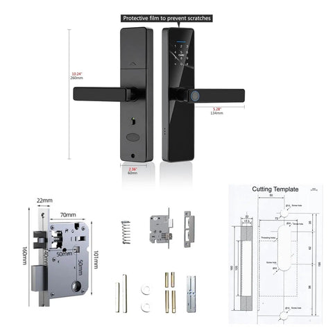 Slick Smart Fingerprint Door Lock With Comfort Grip Handle keyless entry electronic deadbolt, dimensions and installation template included.