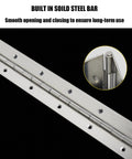 Side view of 4-pack 18-inch stainless steel piano hinges; continuous hinge with 0.04 in leaf thickness.