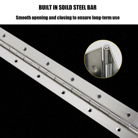 Side view of 4-pack 18-inch stainless steel piano hinges; continuous hinge with 0.04 in leaf thickness.