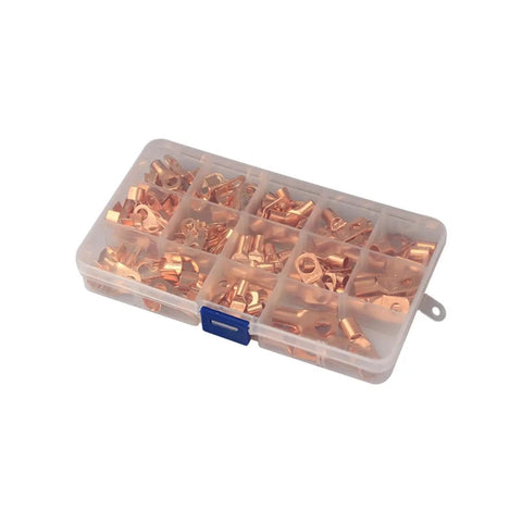 Premium 130Pcs Assortment Kit Featuring SC6-25 Copper Ring Lugs And OT Terminals For Battery Crimping Welding Connectors Heavy Duty 10A To 50A Wire Soldered Terminals That Totally Get The Job Done Right. copper lug assortment in plastic organizer box