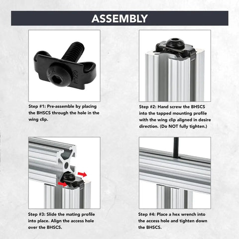 Assembly steps for Hella Secure 5/16-18 Standard End Fastener Kit With Hidden Double Wing Clips And Button Head Screws.