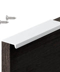 Side view of bright white hidden mount aluminum handle on dark cabinet with screws, from Six Pack Finger Edge Drawer Pull Handles In Bright White For Cabinets And Kitchen Drawers Hidden Mount Aluminum Hardware With 64mm Hole Spacing And 80mm Length For 16 To 20 Mm Wood Thickness