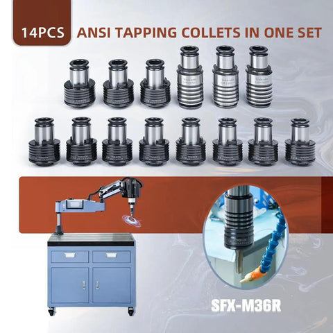 14 Piece TC820 ANSI Collet Set With Tap Holder For M36 Electric Tapping Machine featuring various sizes for precision threading.