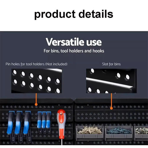 Hella Rugged Wall Mounted Storage Rack Featuring Thirty Bright Plastic Bins For Garage Tool Sorting Screws Nuts Bolts Small Hardware Parts Fast Assembly No Sweat Organization Daily, showing versatile use for bins and tool holders.