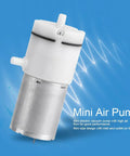 Heavy Duty 12V DC Mini Air Pump That Keeps It Quiet While Kickin Out Steady 2 To 3 Point 2 LPM Flow, compact design with aluminum base.