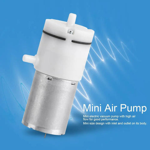 Heavy Duty 12V DC Mini Air Pump That Keeps It Quiet While Kickin Out Steady 2 To 3 Point 2 LPM Flow, compact design with aluminum base.