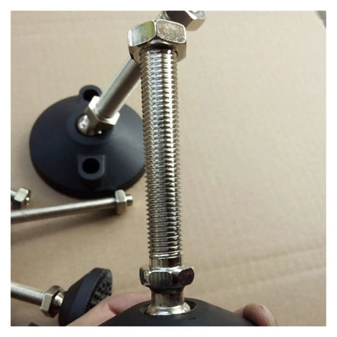 Built Like A Tank Adjustable Leveling Feet With Swivel Base For Cabinets And Tables featuring stainless steel and rubber non-slip pads.