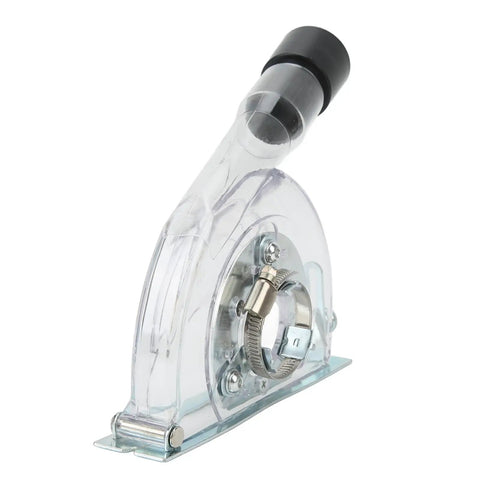 Universal Dust Shroud for 4 to 5 Inch Angle Grinders With Clear Guard and Vacuum Adapter side view with installation hardware.
