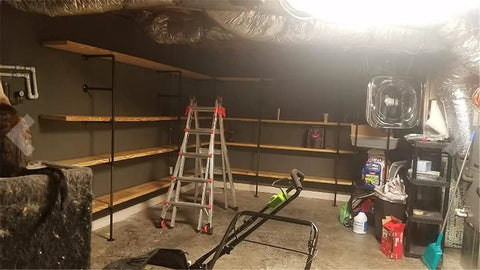 Industrial Pipe Shelf System With Five Tier 68 Inch Tall Wall Mount Shelves Black Vintage Retro Open Bookshelf setup in garage