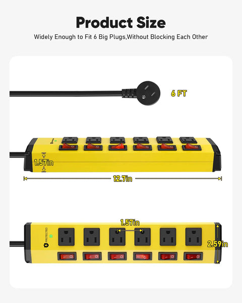 Dope Heavy Duty Surge Protector With Individual Switches And Wide Spaced 6 Outlets 6 Foot Cord 15 Amp Power Strip For Home Office And Gaming Setup Energy Saver By Turning Off Specific Devices, 12.7in x 2.59in