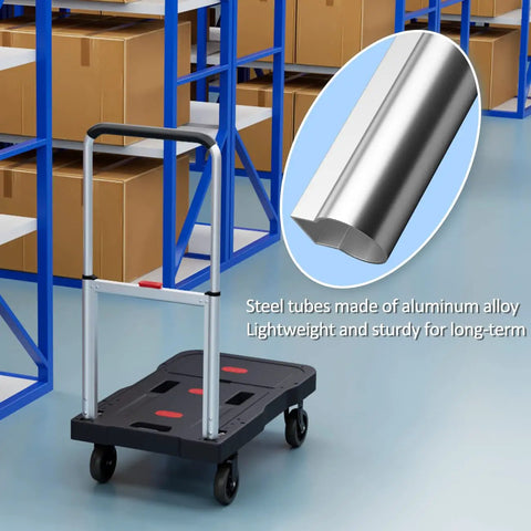 Foldable Platform Hand Truck Cart with 330 Pound Capacity showcasing aluminum handle and sturdy design in warehouse setting.