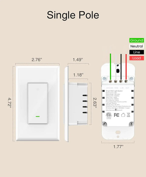 Smart WiFi Light Switch For Single Pole Lights 2.4Ghz Works With Alexa And Google Home Neutral Wire Required UL Certified diagram
