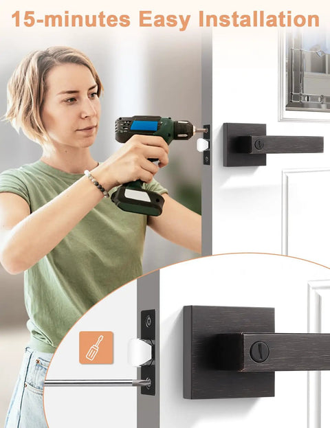 8 Pack Oil Rubbed Bronze Privacy Door Handles For Interior Doors Vintage Square Levers being installed with drill