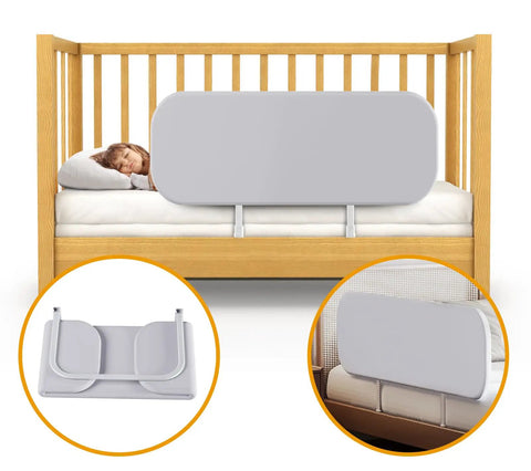 Travel Friendly Toddler Bed Rail Guard For Crib To King Size Beds Portable Baby Side Rail Safe Sleep For Toddlers And Kids Easy To Assemble Washable Cover Kid Friendly Design shown on a wooden crib.