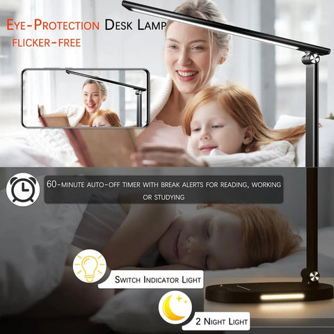 Must-Have Three Color Reading Desk Lamp With USB Charging Port, Flexible Gooseneck, Pen Holder, USB Powered For College Dorm Rooms And Home Office, Black Finish, Your Ultimate Study Buddy For Reading And Late Night Projects with eye-protection feature displayed by lamp on desk.