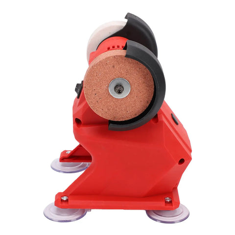 Heavy Duty Mini Bench Grinder With 3mm Steel Guard For Robust Grinding And Polishing, showing red body and dual corundum wheels.