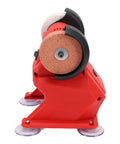 Close-up of WALFRONT Mini Bench Grinder featuring powerful all copper motor and corundum wheel for sharpening tasks.