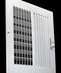 Side view of Sweet 8 By 8 Inch Two Way Vertical Air Supply Grille Flat Face White with louvers, black background.