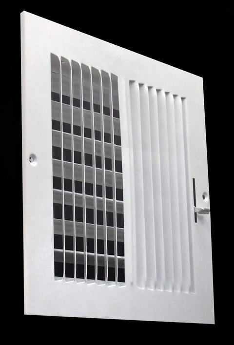 Side view of Sweet 8 By 8 Inch Two Way Vertical Air Supply Grille Flat Face White with louvers, black background.