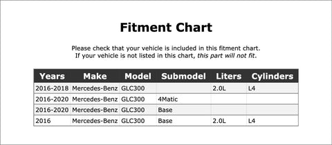 Mercedes-Benz GLC300 fitment chart showing years, submodels, and 2.0L L4 engine compatibility.