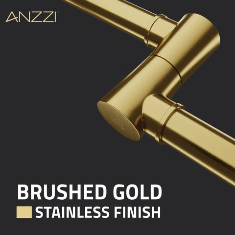 Close-up of brushed gold finish on Wall Mount Pot Filler Faucet With 24 Inch Reach Pro Grade Dual Swivel Joints And Twin Handles.