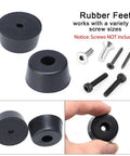 Quiet Rubber Pad Feet Bumper Washers Set of 4, Tapered 28mm x 14mm, Black, shown with screws for size comparison.