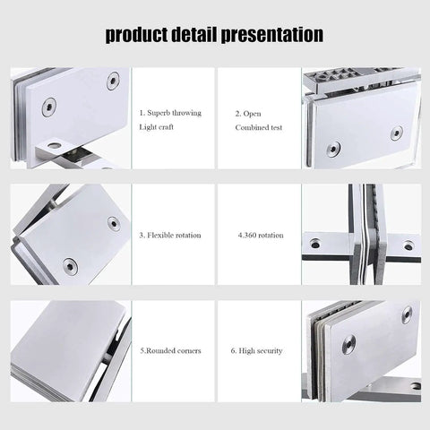 Two Pack Heavy Duty Stainless Steel Glass Shower Hinge With 360 Degree Swivel And Seamless Auto Close For Frameless Bathroom Doors No Sweat Setup Smooth Operation Guaranteed detailed view of hinge features and functions.