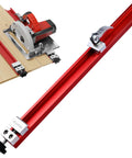Close-up of a red aluminum Circular Saw Guide Rail for 12 Inch Base, alongside a saw, showing precision alignment and adjustability.