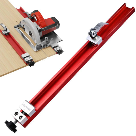 Close-up of a red aluminum Circular Saw Guide Rail for 12 Inch Base, alongside a saw, showing precision alignment and adjustability.
