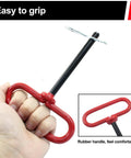 Hand holding Three Eighths By Four Inch Trailer Tow Hitch Pin And Clip In Red for RVs, tractors, and lawn mowers