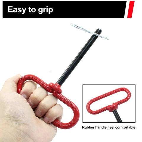 Hand holding Three Eighths By Four Inch Trailer Tow Hitch Pin And Clip In Red for RVs, tractors, and lawn mowers