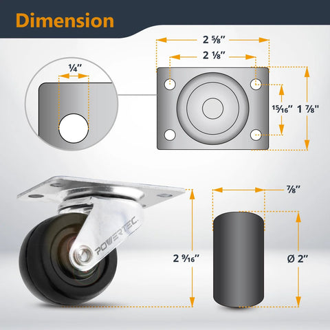 POWERTEC 2-inch swivel caster wheels set of 4 with rubber wheels and metal mounting plate