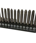 Front view of 12-piece slotted and Phillips bit set with 1/4 in hex shank, 2-inch long, magnetic holder