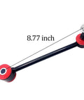 Side view of front sway bar stabilizer link for Jeep Wrangler 2007-2018; black steel with red bushings, 8.77 in long.