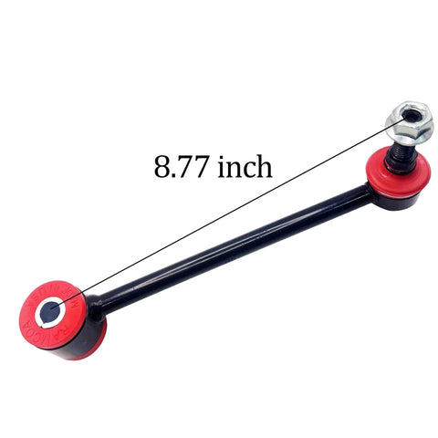 Side view of front sway bar stabilizer link for Jeep Wrangler 2007-2018; black steel with red bushings, 8.77 in long.