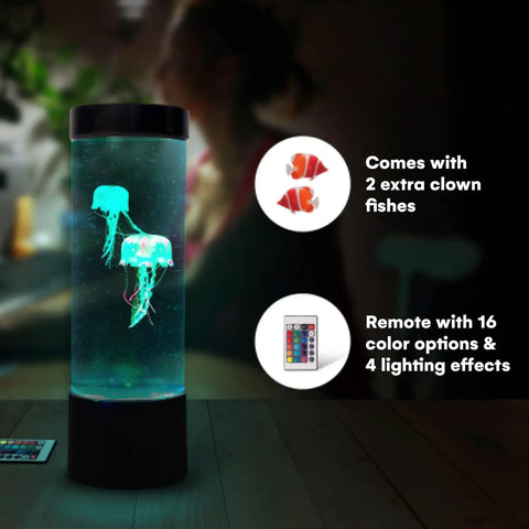 LED Jellyfish Lamp With Remote, 20 Color Changing LEDs, 2 Clownfish And 2 Jellyfish Figures, Soothing Night Light For Kids Bedroom And Desk Decor, Small Size Mood Lighting With Realistic Aquarium Vibe.