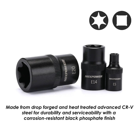 107 Piece Drive Socket Set with E20, E14, and E5 sockets, showcasing durable CR-V steel construction and black phosphate finish.