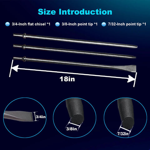 Diagram showing Pneumatic Taper Punch And Air Cold Chisel Three Piece Set With 18 Inch Length Includes 7/32 Inch Point Tip 3/8 Inch Point Tip And 3/4 Inch Flat Chisel 0.401 Inch Shank For Standard Air Hammer Cr Mo Alloy Steel