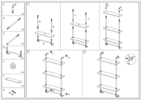 Assembly diagram for Industrial Pipe Shelves Rustic Wall Shelf With Towel Bar 24 Inch 3 Tier Wood And Iron Pipe Rack For Bathroom
