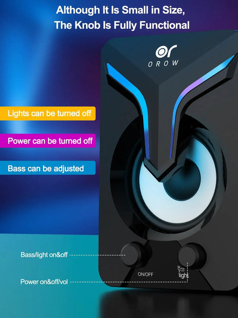 Close-up of the control panel for 2.1 Channel Desktop Speakers With Subwoofer And RGB Lighting USB Powered Gaming Speaker.
