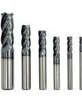 Front view: six carbide square-end mills with AlTiN coating, sizes 1/2, 3/8, 5/16, 1/4, 3/16, 1/8 in; silver, 4-flute