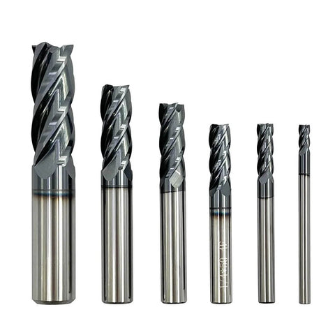 Front view: six carbide square-end mills with AlTiN coating, sizes 1/2, 3/8, 5/16, 1/4, 3/16, 1/8 in; silver, 4-flute