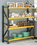 Rock Solid 4 Tier Storage Rack Heavy Duty Black Steel Welded Shelves Handles 400 Pounds Per Level Height Adjustable Boltless Construction showcasing kitchenware and jars on shelves.