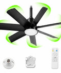 28 Inch Socket Mount Fan With Led Remote, E26 Bulb Holder, 3000K To 6000K Dimmable Glow, six blades, matte black, remote control included.
