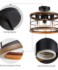 Vintage Farmhouse Semi Flush Mount Ceiling Light With Metal Cage, detail of wood grain frame and E26 base socket