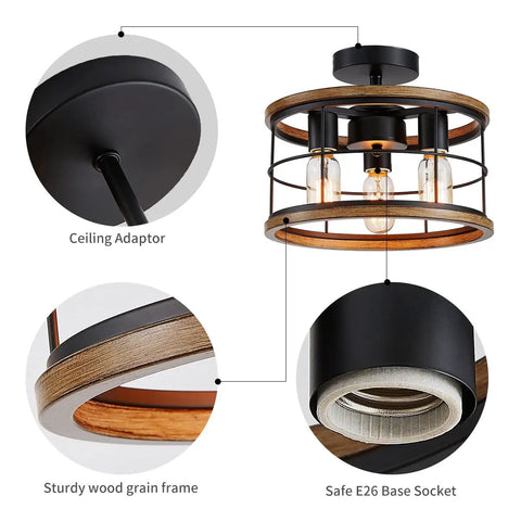Vintage Farmhouse Semi Flush Mount Ceiling Light With Metal Cage, detail of wood grain frame and E26 base socket